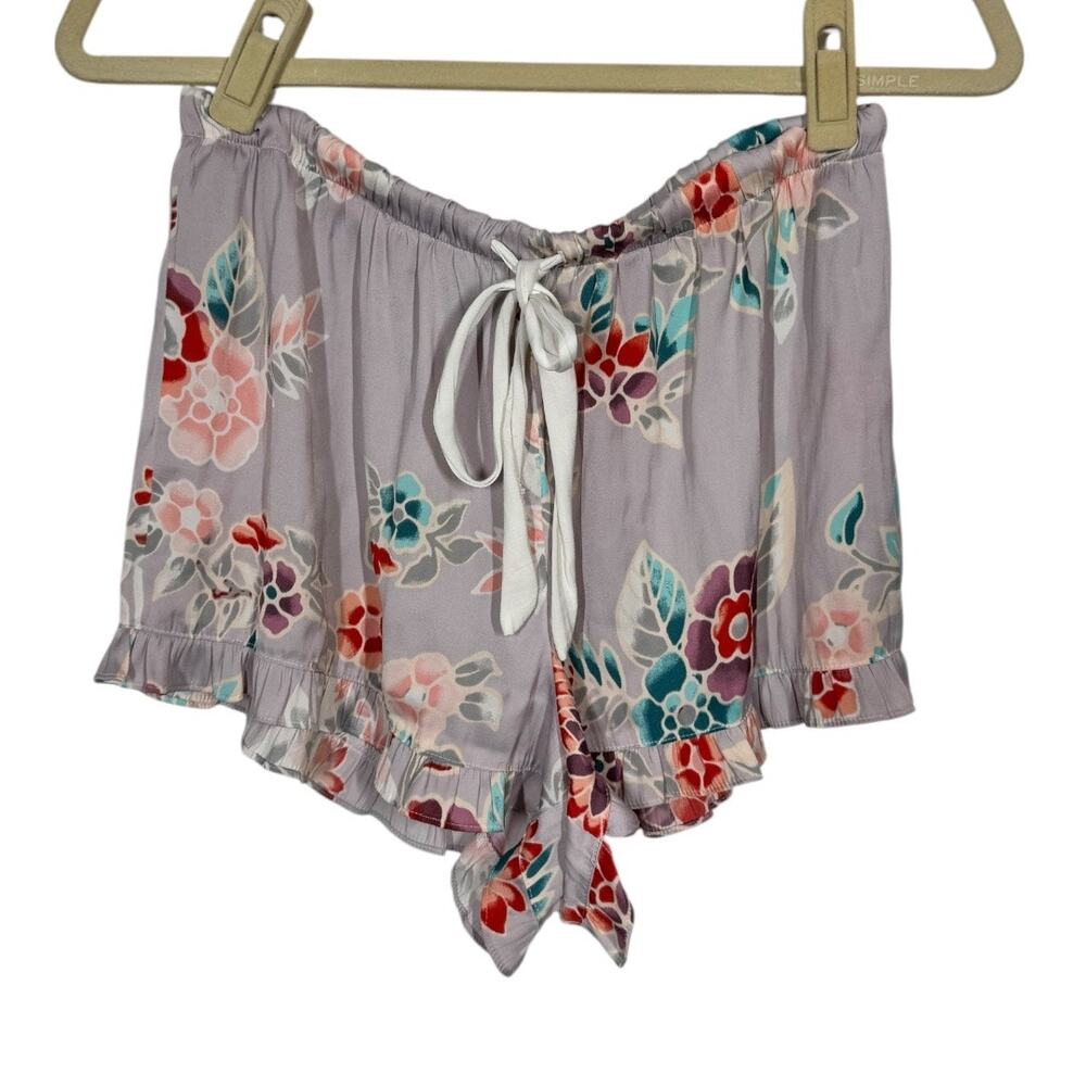 Josie Natori Lotus Bouquet Floral Pajama Set Medium Long Sleeve Shorts Ruffle - Picture 8 of 10
